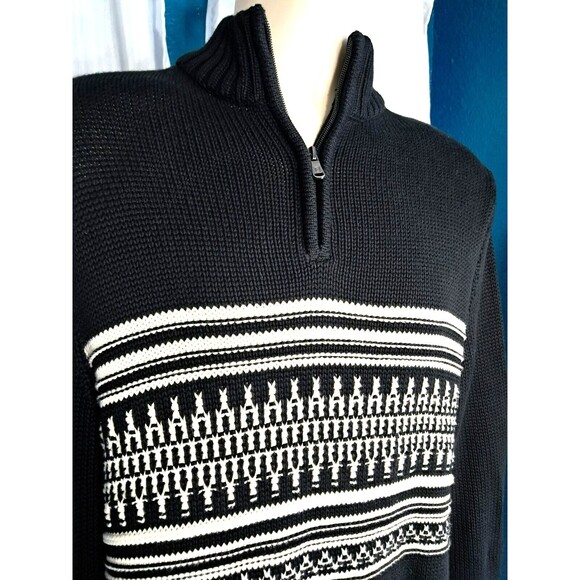 CHAPS Cable Knit Mens Medium1/4 Zip Black White Grandpa Sweater - Picture 2 of 11